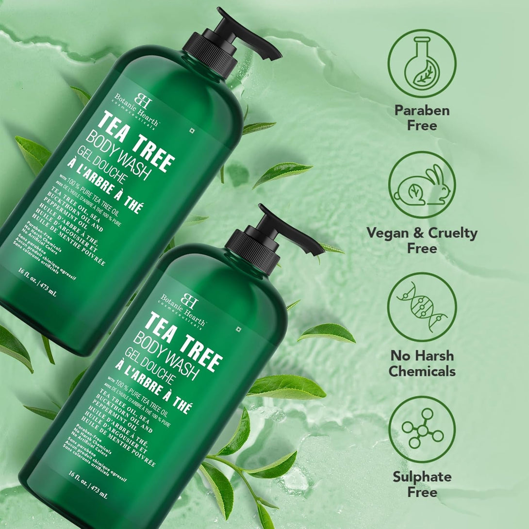 Botanic Hearth Tea Tree Body Wash - 16 Fl Oz - Helps Soothe Itchy, Dry Skin, Antifungal Body Wash with 100% Pure Tea Tree Oil - Sulfate Free, Paraben Free, for Men and Women Set of 2