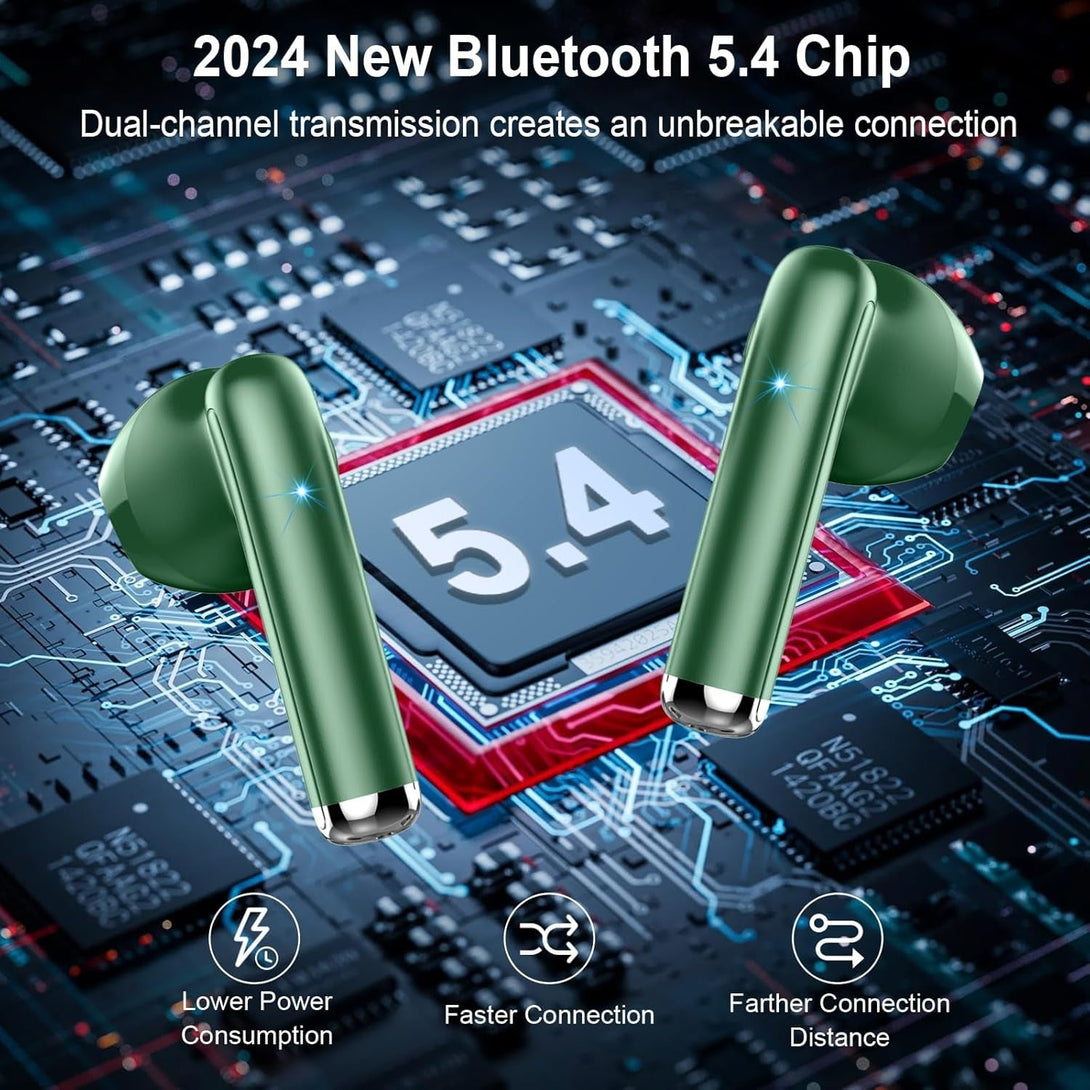Wireless Earbuds, Bluetooth Headphones 5.4 with ENC Noise Cancelling Mics, 30H Bluetooth Ear Buds 3D Bass with LED Display Charging Case, IP7 Waterproof Wireless Earphones for Android, Ios, Green