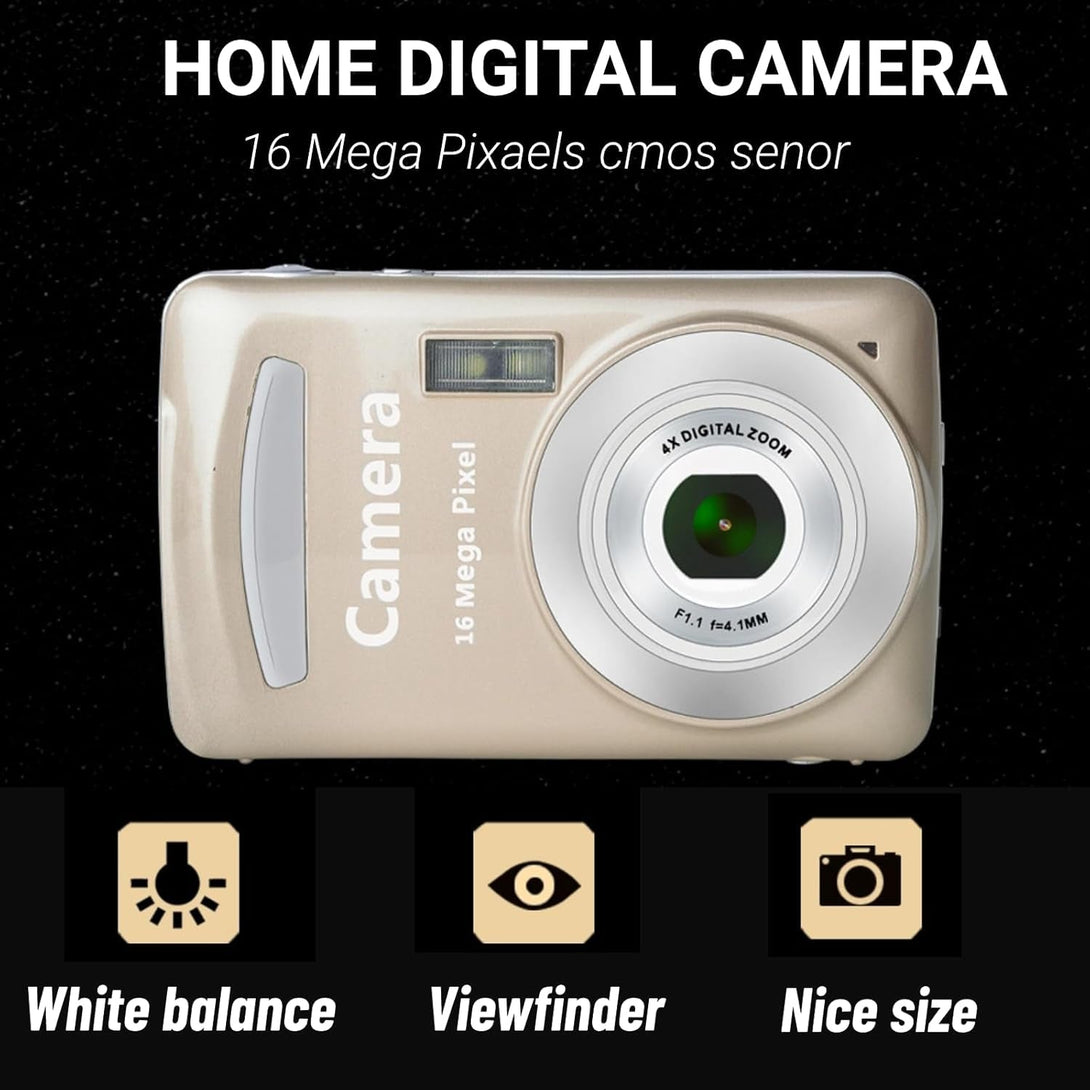 Mini Digital Camera, 720P HD Compact Portable Camcorder with 2.4 Inches LCD Screen 16MP 30FPS Support 32GB Memory Card for Children, Teenagers and Beginners (Gold)