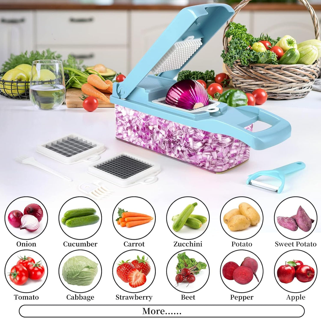 Vegetable Chopper, Pro Onion Chopper, 14 in 1Multifunctional Food Chopper, Kitchen Vegetable Slicer Dicer Cutter,Veggie Chopper with 8 Blades,Carrot and Garlic Chopper with Container(Blue)