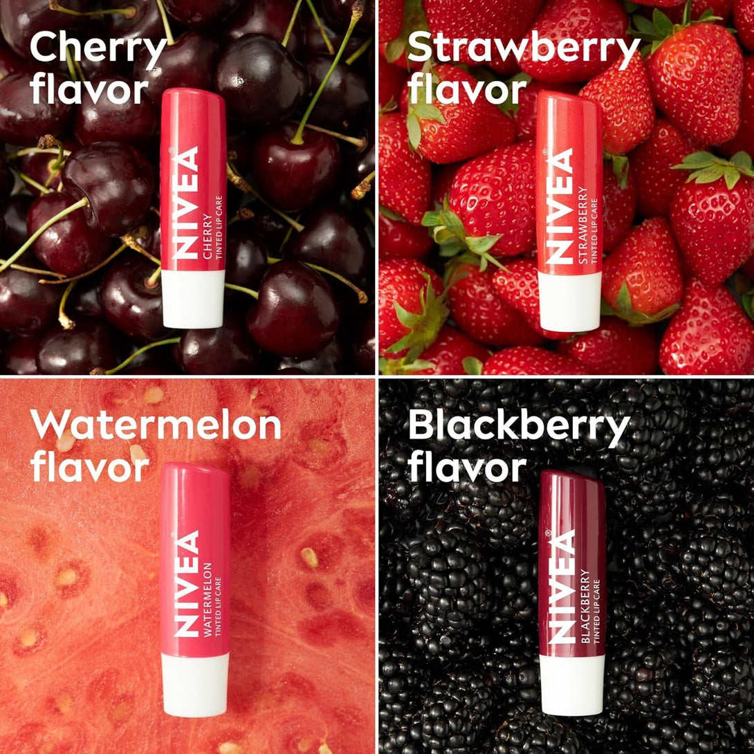 NIVEA Lip Care, Fruity Tinted Lip Balm Variety Pack, Cherry, Strawberry, Blackberry and Watermelon Flavors, 3-In-1 Moisture, Repair and Color, 0.17 Oz Stick, Pack of 4