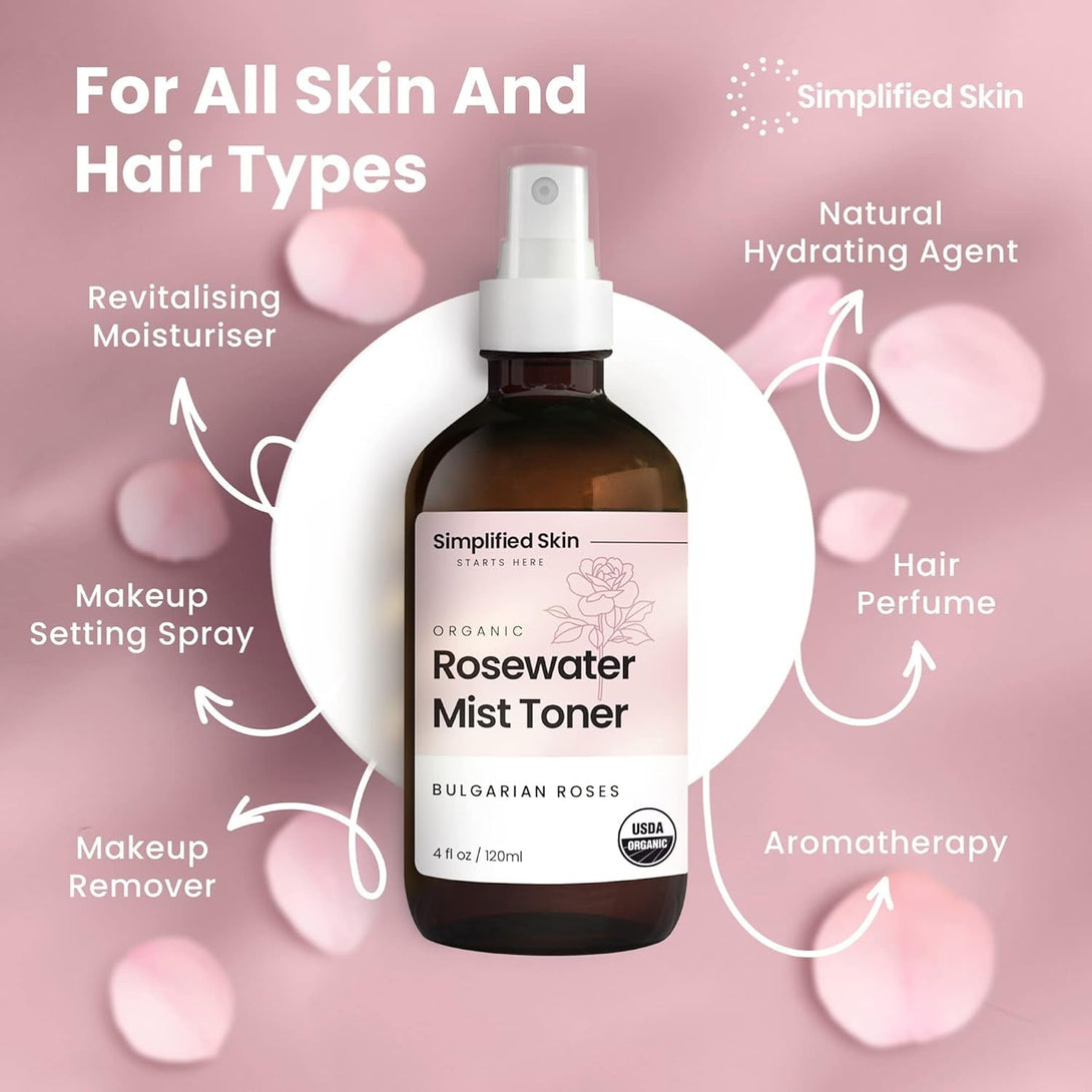 Rose Water Spray for Face & Hair - Organic USDA Certified Rosewater Facial Toner - Alcohol-Free Makeup Setting Hydrating Face Mist - Anti-Aging Toner Spray - 4 Oz