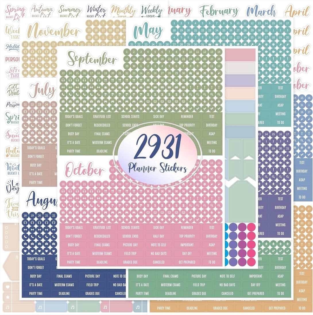 2931 Planner Stickers, Color Coordinating Monthly Functional Stickers Daily Calendar Stickers Aesthetic Note to Do Blank Stickers for Scrapbooks, Planner, Budget, Work, DIY Activity, Diary, Journal
