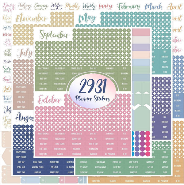 2931 Planner Stickers, Color Coordinating Monthly Functional Stickers Daily Calendar Stickers Aesthetic Note to Do Blank Stickers for Scrapbooks, Planner, Budget, Work, DIY Activity, Diary, Journal