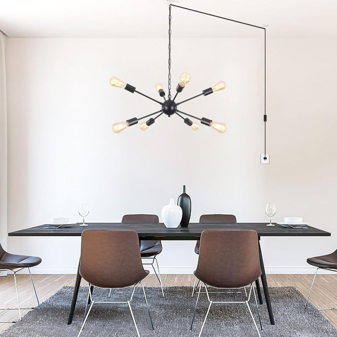 8 Lights Plug in Chandelier Sputnik Ceiling Light Fixture Black Hanging Lights with Plug in Cord 16.4Ft Sputnik Chandeliers for Dining Room Living Room Bedroom Foyer