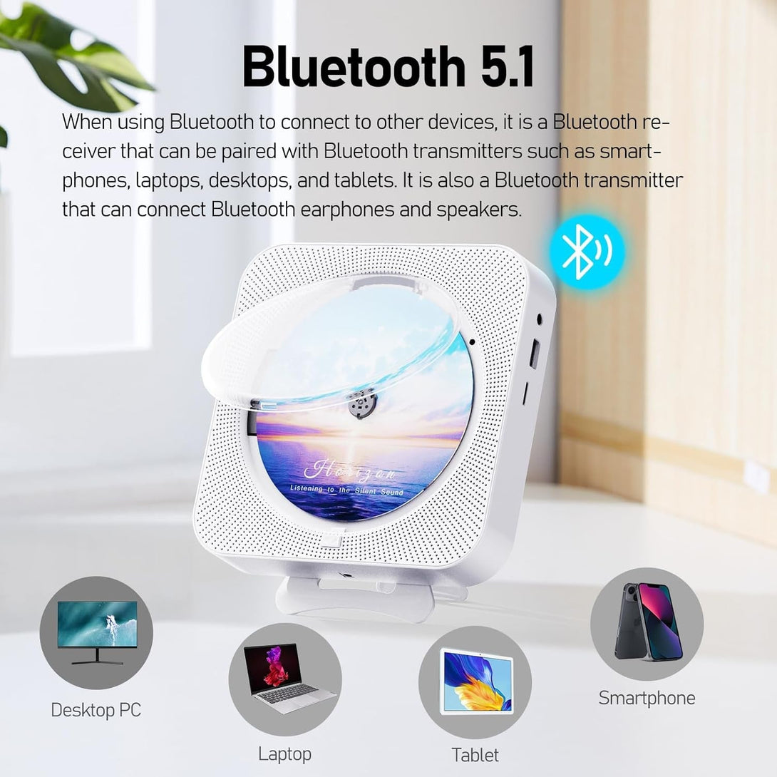 Bluetooth Portable Home CD Music Player with Remote Control, Timer, Built-In Speakers and LED Display - FM Radio Boombox (White)