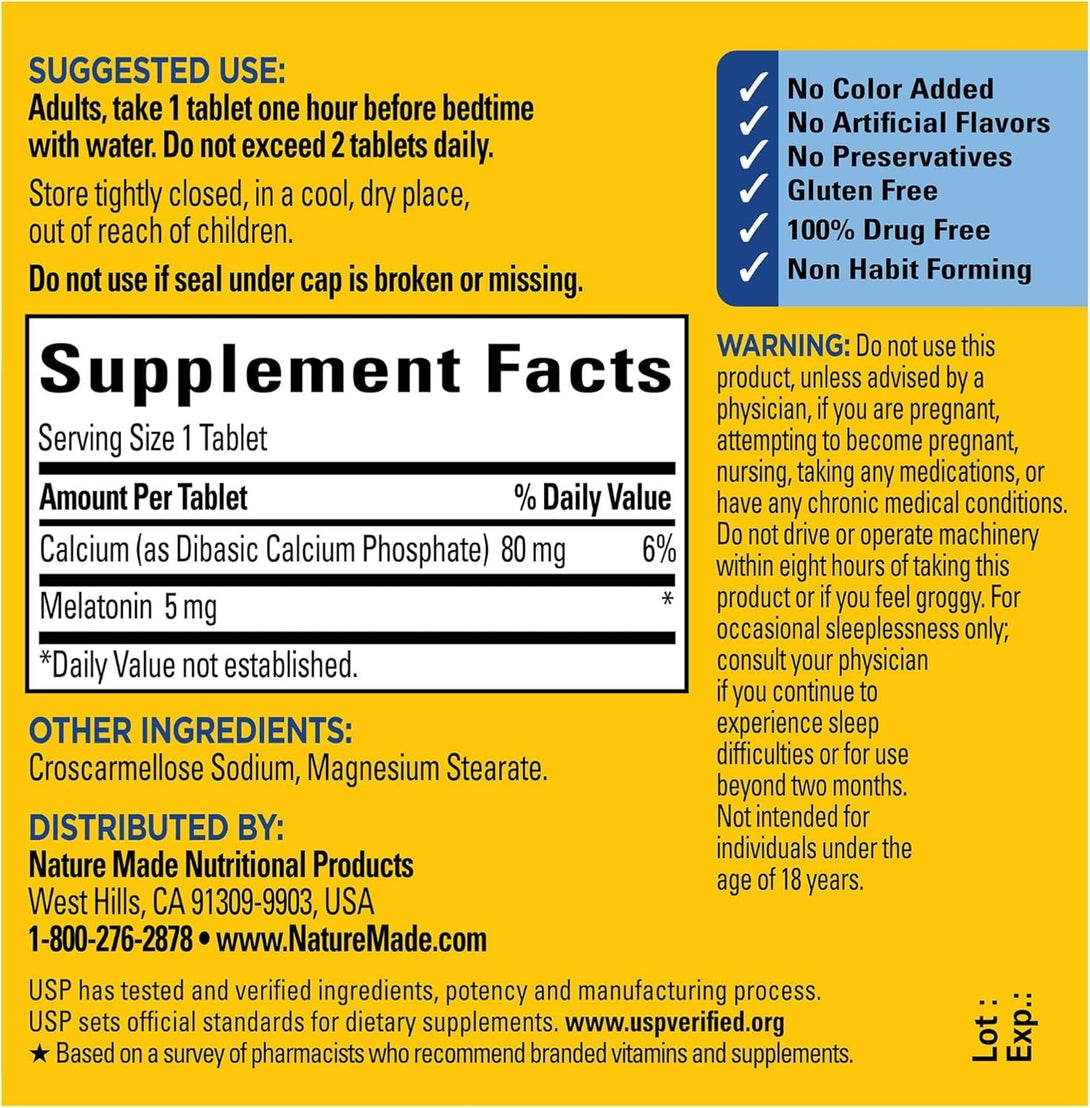 Nature Made Melatonin 5Mg Extra Strength Tablets, 100% Drug Free Sleep Aid, Sleep Supplements for Adults, 300 Tablets, 300 Day Supply