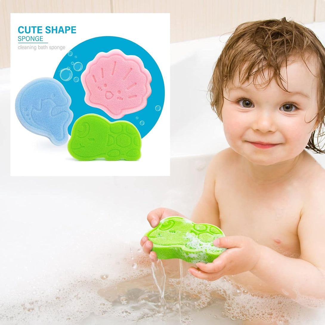 Baby Bath Sponge, Natural Cute Shapes Soft Shower Sponges for Bathing, Bathtub Foam for Infants and Toddler, 3Pcs : Blue Dolphin, Pink Shell, Green Turtle