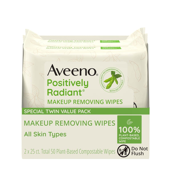 Aveeno Positively Radiant Oil-Free Makeup Removing Face Wipes to Help Even Skin Tone and Texture with Moisture-Rich Soy Extract, Gentle Facial Cleansing Wipes, Twin Pack, 2 X 25 Ct.