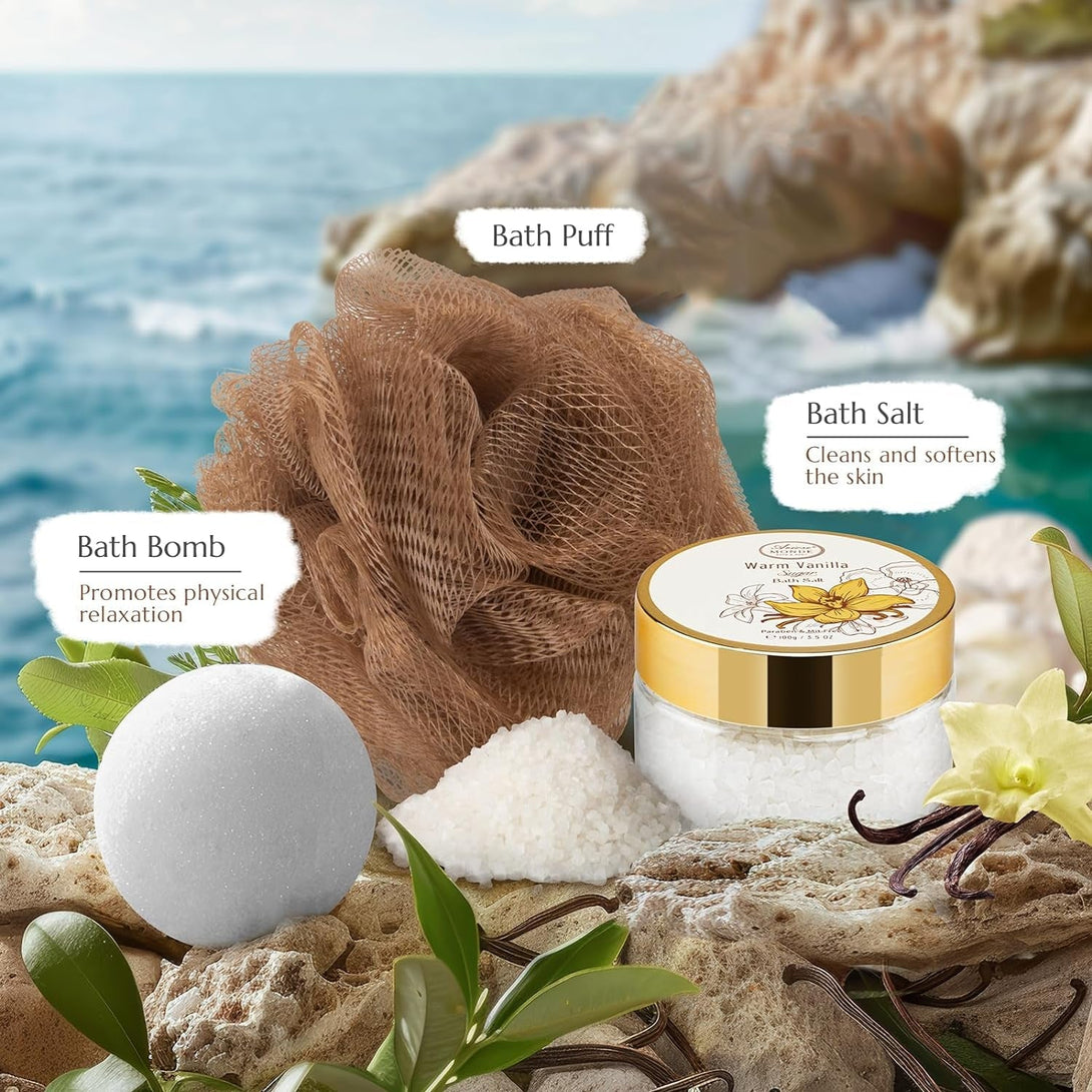Bath and Body Warm Vanilla Sugar Spa Gifts for Women, with Shower Gel, Bubble Bath, Body Lotion, Bath Bomb, Bath Salt, Spa Basket Gift Set for Women, 7Pcs Set Gifts