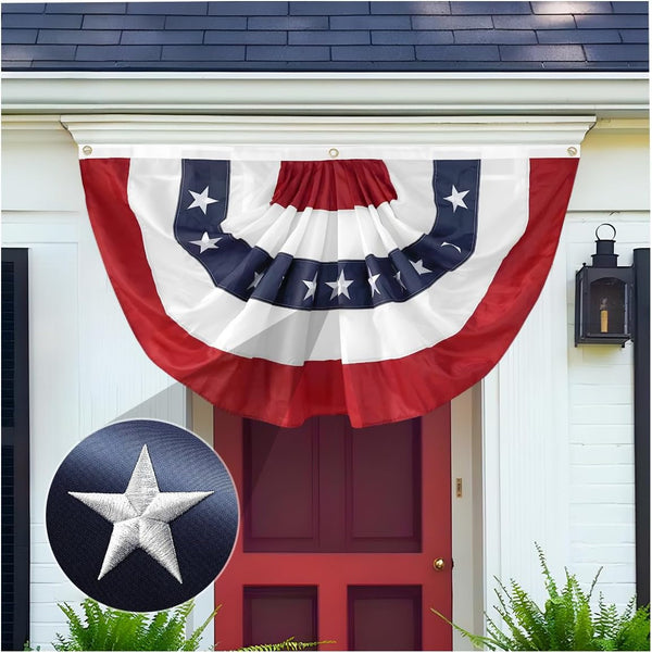 2X4 Ft American Pleated Fan Flag USA Bunting 4Th of July Flags Decor outside Porch Garden Banner Embroidered Patriotic Stars & Sewn Stripes Canvas Header Brass Grommets