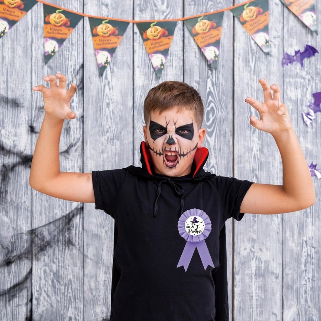 Halloween Big Brother Tinplate Badge Pin, Brother to Be Button Pin, Witch Birthday Boy Award Ribbon, Purple Rosette Badge for Baby Shower, Halloween Themed Boy Birthday Party Supplies