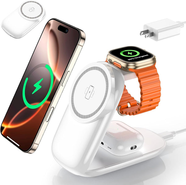 3 in 1 Magnetic Wireless Mag-Safe Charger Stand,Foldable Wireless Charging Station for Iphone 16/15/14/13/12 Series/Apple Watch/Airpods, Travel Charger for Wireless-Charging Smartphones