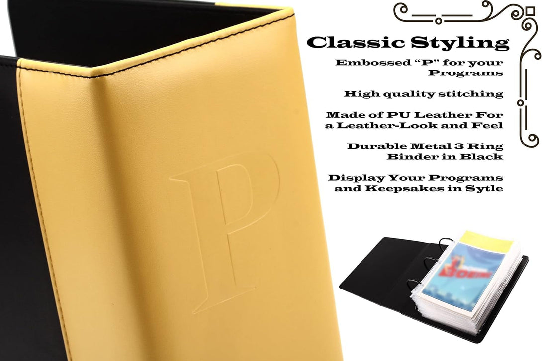 2Fold Binder for Holding Broadway Play Program and Theater Programs with 30 Custom Sheet Protectors - PU Leather - Fits Programs from Mid 1980S to Modern (Yellow/Black Embossedp)