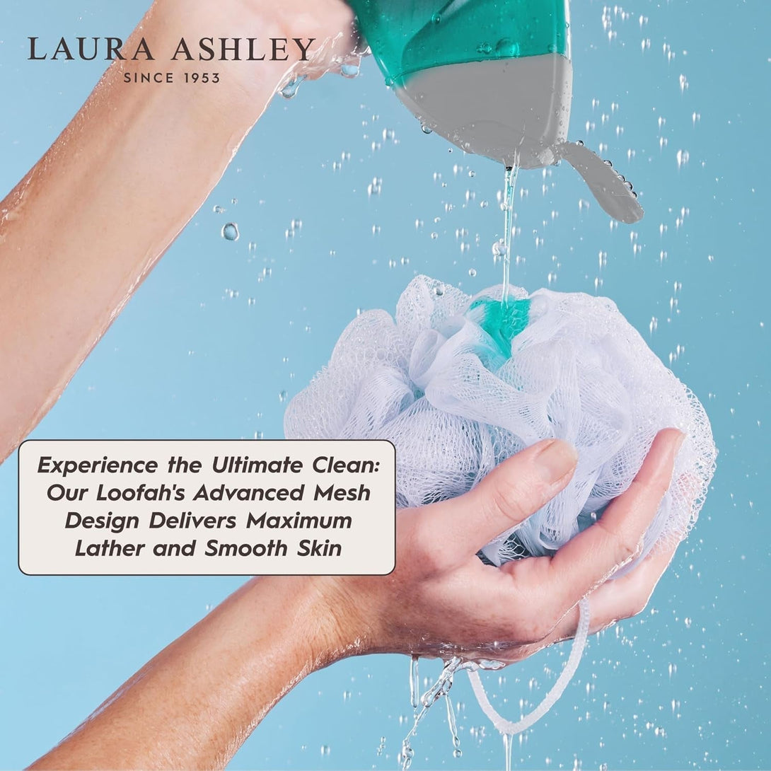 Laura Ashley 6 Pack Loofah for Women - Shower Poufs, Exfoliating & Cleansing Body Scrubbers for Shower with Washable Zip up Bag