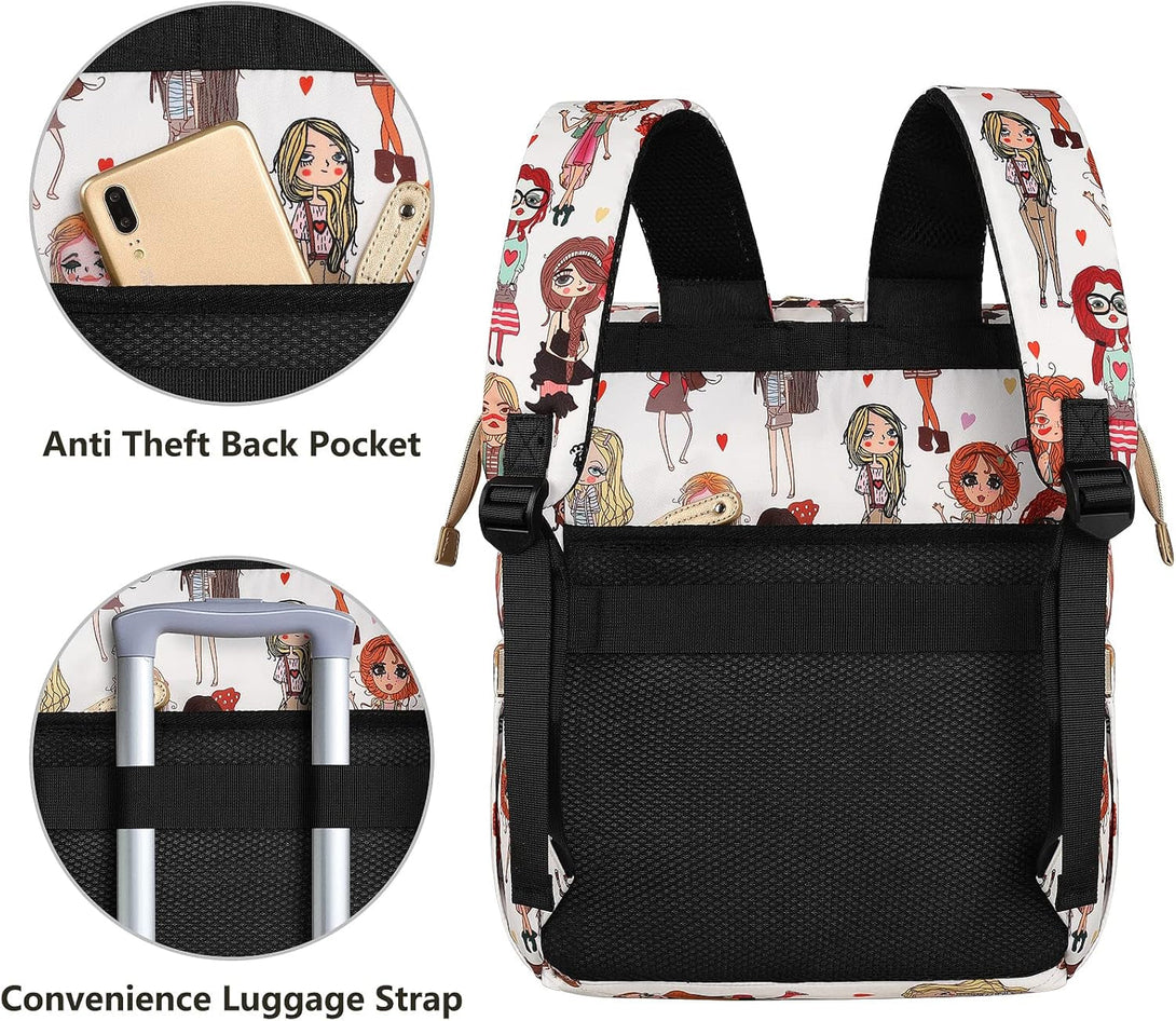 Laptop Backpack for Women,Teacher Doctor Nurse Work Purse Bag for 15.6 Inch Laptop, Wide Open Cute Cartoon Pattern Bookbag, Large Backpack for Women with USB Charging Port RFID anti Theft Pocket