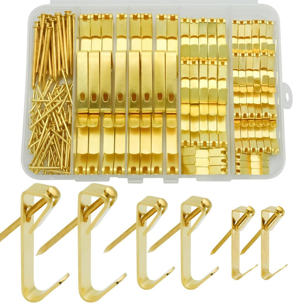 200 Pieces Picture Hangers, 3 Sizes Picture Hanging Kit Including 10Lb/30Lb/50Lb Picture Hanging Hooks, Heavy Duty Picture Hooks with Nails for Drywall Wooden Wall (Gold)