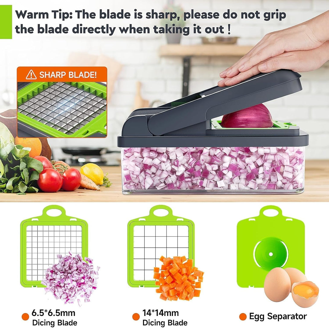 12-In-1 Vegetable Chopper, 7 Blade Veggie Chopper, Practical Food Chopper with Container, Cheese Grater, Home Essentials & Kitchen Gadgets(Green/Grey)