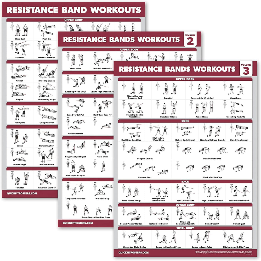4 Pack - Resistance Bands Workout Exercise Posters Volume 1, 2 & 3 + Resistance Loops Fitness Chart (LAMINATED, 18" X 24")