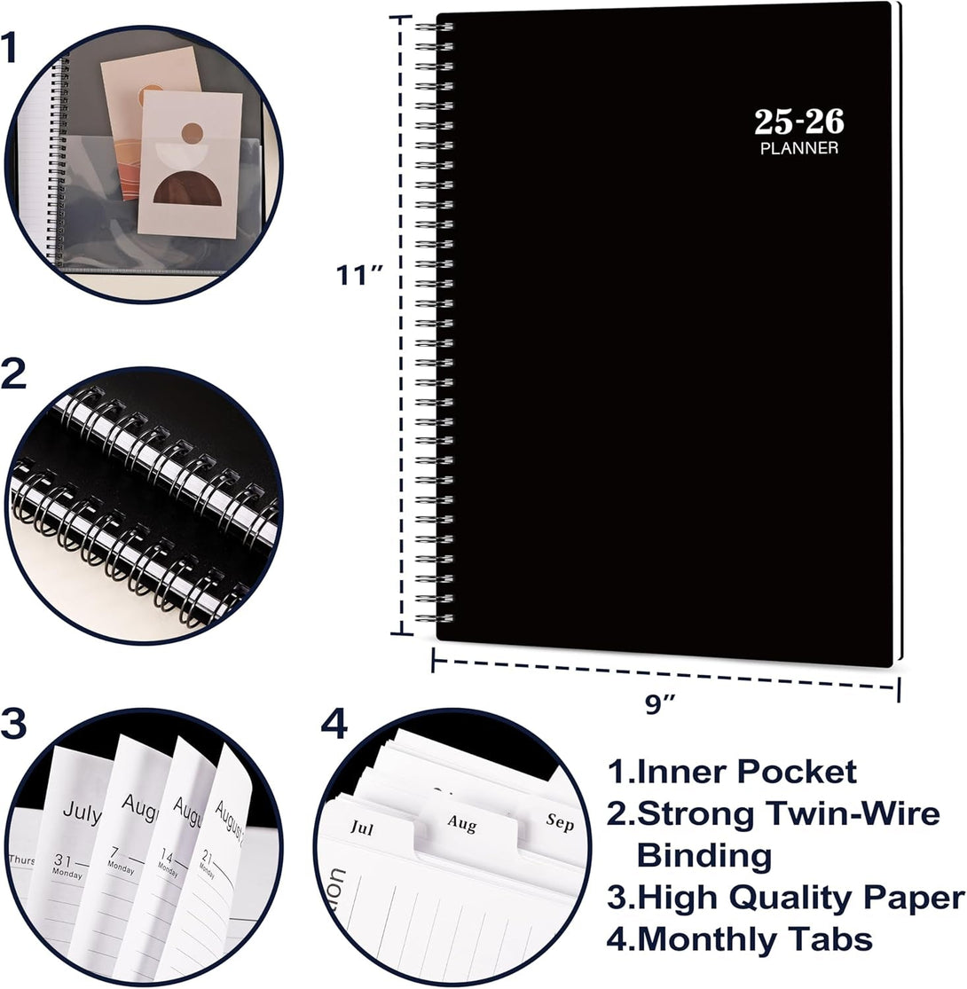 2025-2026 Planner - 9” × 11”, from JUL. 2025 to JUN. 2026, Weekly and Monthly Academic Planner 2025-2026, Inner Pocket, Premium Paper, Twin-Wire Binding, Make Your Life Productive - Black