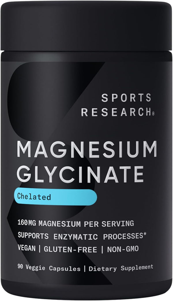 Sports Research® Magnesium Glycinate - Supports Restful Sleep & Enzymatic Processes - 160 Mg Chelated Magnesium - Vegan Capsule - 90 Count