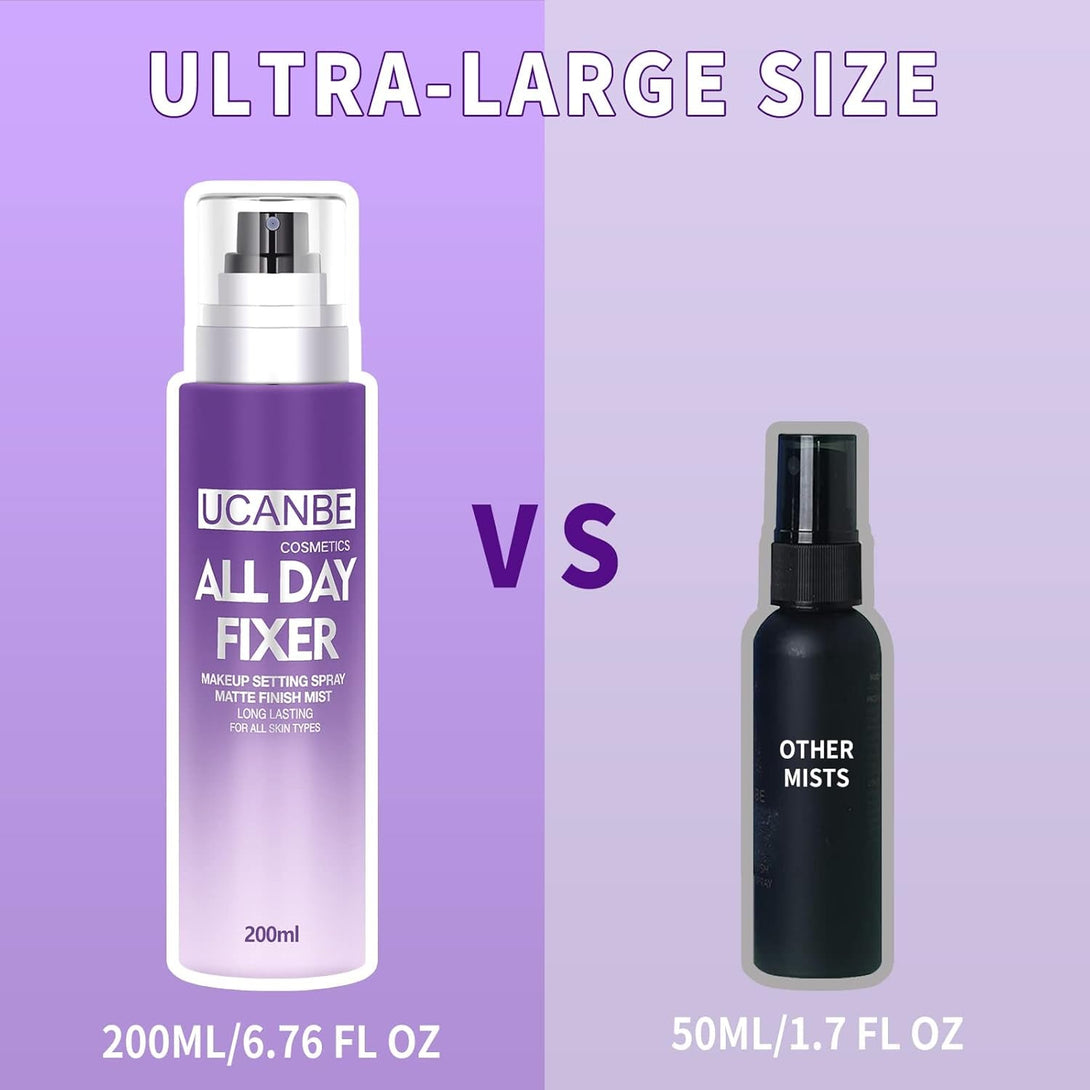 Long Lasting Makeup Setting Spray Kit- 6.76 Fl Oz Hydrating Matte Finish Mist Lightweight Face Make up Fixer +Travel Size Spray Bottle+Sponge Puff Makeup Set