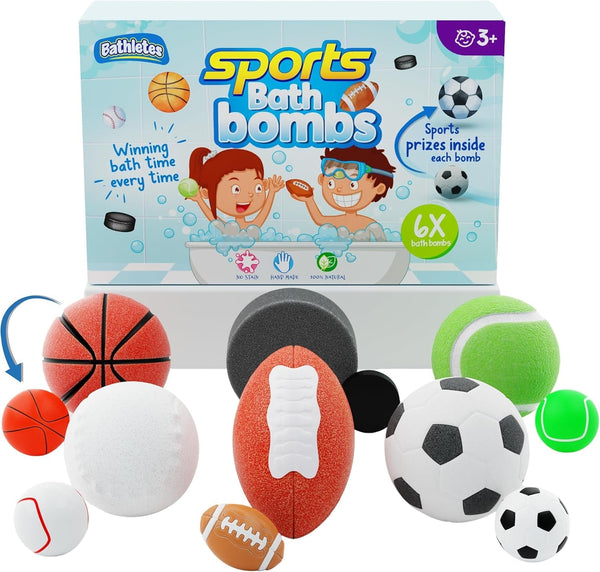 6Pc Sporty Kids Bath Bombs with Surprise inside - Girls & Boys Bath Toys W/ 6 Sports Prizes - Perfect for Birthdays, Holidays -Toddlers 3+