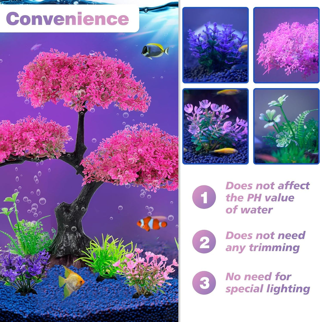 Ameliade Aquarium Artificial Plastic Plants Decoration, Pink Cherry Blossom Tree Aquarium Decor Set, Goldfish Betta Fish Tank Decorations Hides Accessories（Pink