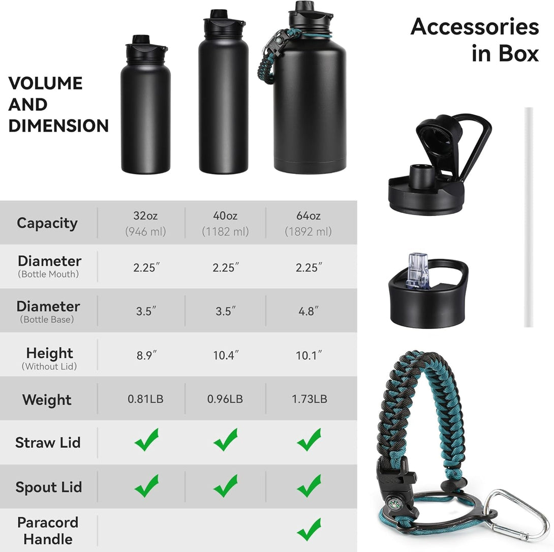 32 Oz Insulated Water Bottle with Straw Lid & Wide Mouth Lids, Stainless Steel Sports Water Bottles, Double Walled Vacuum, Leak Proof, Black