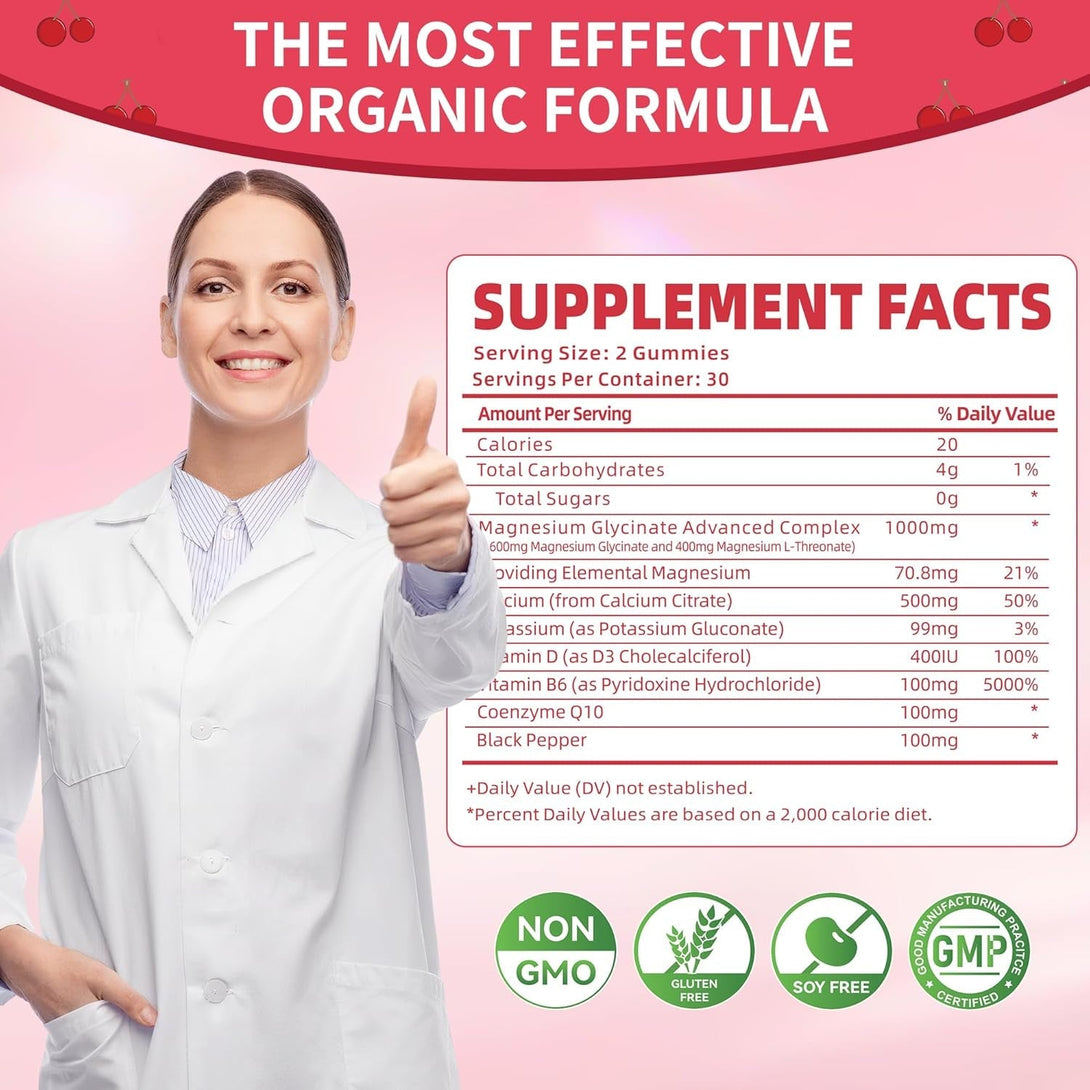 Magnesium Glycinate Gummies 1000Mg - Sugar Free Magnesium Potassium Supplement with Vitamin D, B6, Coq10 for Calm Mood & Sleep Support - 120 Cherry Gummies -2 Pack