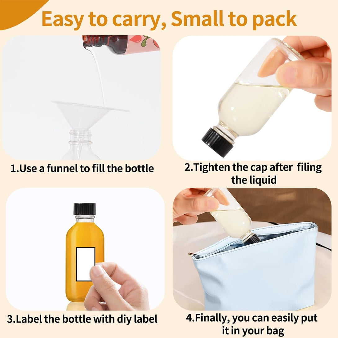 8 Pack, 2 Oz Small Clear Glass Bottles with Lid and Funnels - 60Ml Boston Shot Bottles with Caps, Immunity, Potion, Wellness, Sample, Ginger, Juice - Mini Personal Care & Beauty Travel Bottle