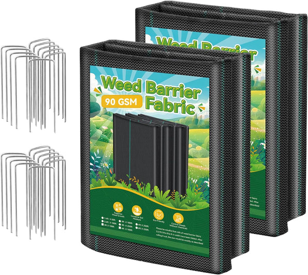 3Ftx100Ft Landscape Fabric, Weed Barrier Fabric Heavy Duty 3.2Oz, Woven Geotextile Weed Blocker Landscaping Fabric, Garden Ground Cover Weed Control Mat with 20 Staples (2 Pack 3X50Ft)
