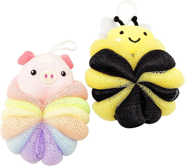 BETITETO Bath Sponges 2Pieces Kids Cute Cartoon Animal Bath Loofahs Pouf Mesh Balls Body Scrubber Bathing Accessories Gifts for Children Women (Bee + Pig)