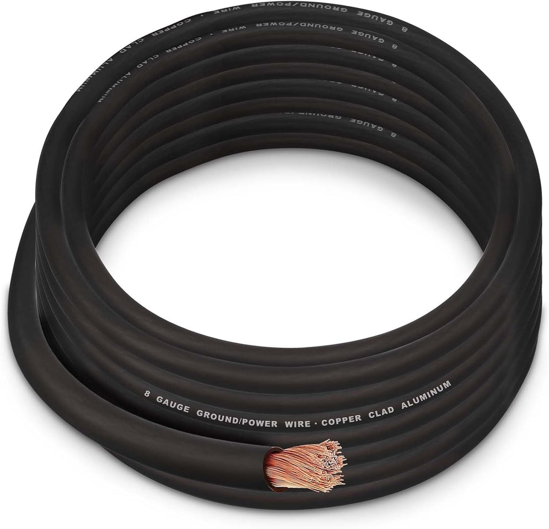 8 Gauge Wire (50FT Black) SGANGCAR True Spec Power Ground Wire Cable with 10 Lugs, 10 Heat Shrink Wrap,Copper Clad Aluminum Cca,For Power/Auto,Amplifier,Car Audio Speaker,Ground Cable