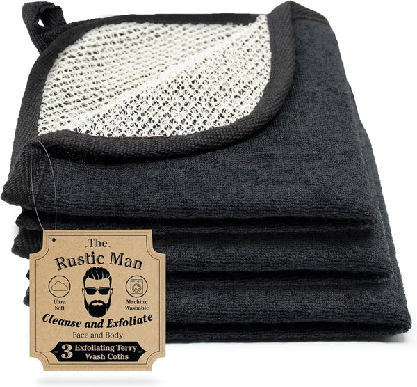 Terry Wash Cloths for Face and Body, Dual-Sided Cleansing and Exfoliating Washcloths, Machine Wash, Black, 3 Count