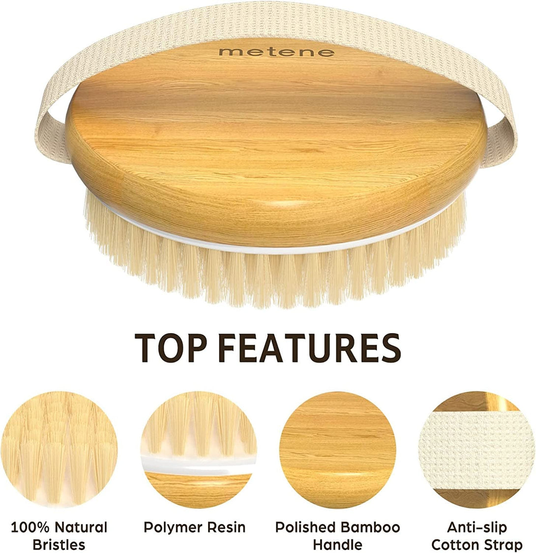 Metene 2 Pack Bamboo Dry Body Brushes, Shower Brush Wet and Dry Brushing, Dry Brush for Cellulite and Lymphatic, Body Scrubber with Soft and Stiff Bristles, Suitable for All Kinds of Skin