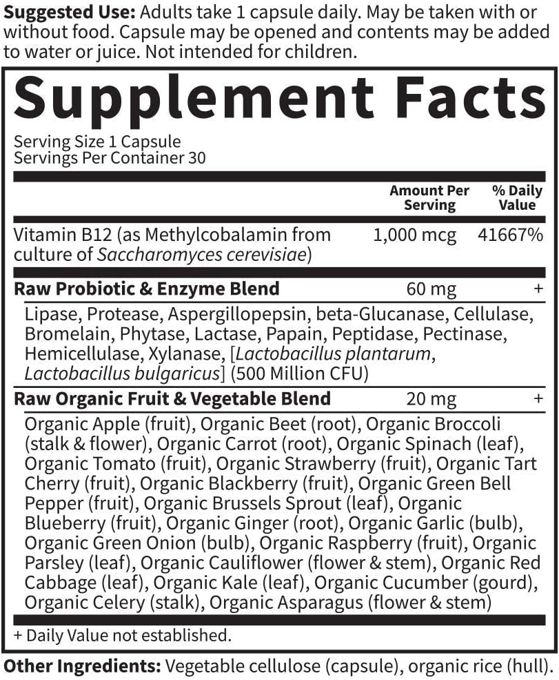 Garden of Life B12 - Vitamin Code Raw B-12 - 30 Capsules, 1,000Mcg Whole Food B12 Methylcobalamin for Energy, Vegan Methylcobalamin B12 Vitamin plus Probiotics & Enzymes, Gluten Free Supplements