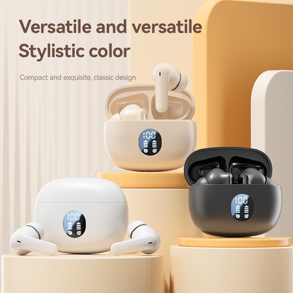Wireless Earbuds Bluetooth, Ear Buds with Deep Bass, 48H Long Playtime, Power Display, IPX7 Waterproof in Ear Earphone with Mic for Phone Tablet Sports Workout (Off White)