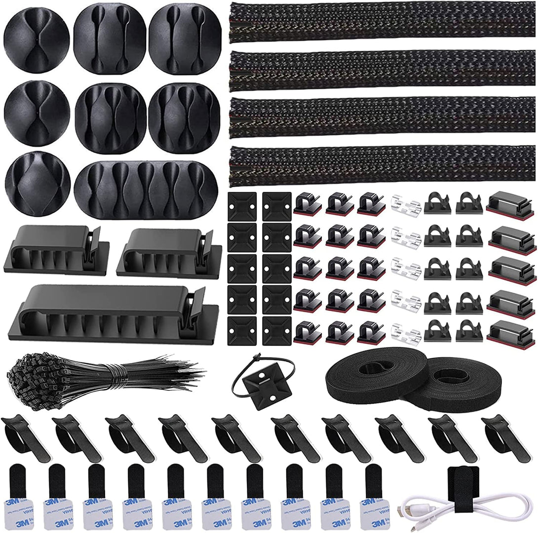 N NOROCME 192 PCS Cable Management Kit 4 Wire Organizer Sleeve,11 Cable Holder,35Cord Clips 10+2 Roll Cable Organizer Straps and 100 Fastening Cable Ties for Computer TV under Desk, Black,Clear