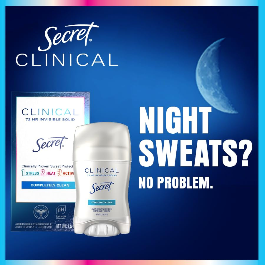 Secret Clinical Strength Antiperspirant Deodorant for Women, 3X Stress Protection, 72Hr Sweat & Odor Protection, PH Balancing Minerals, Invisible Solid, Completely Clean Scent, 2.6 Oz