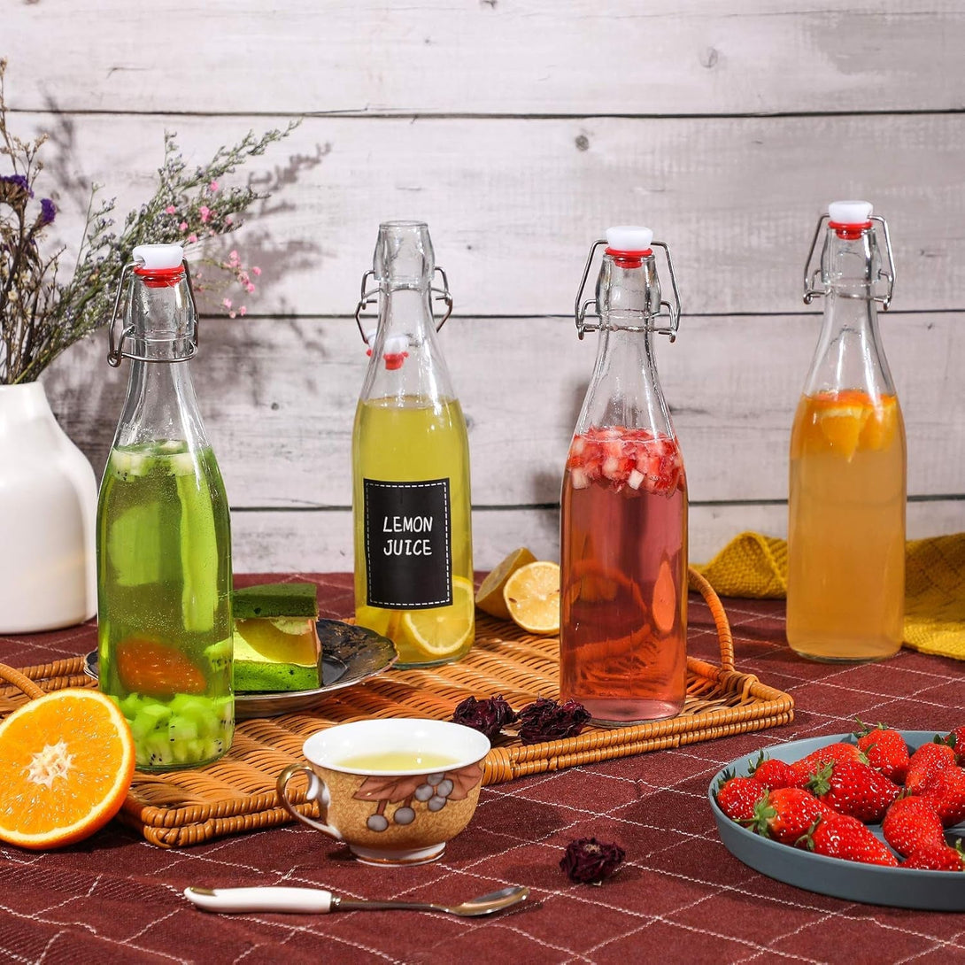 8 Set, 16 OZ Swing Top Glass Bottles - Flip Top Beer Brewing Bottles with Stopper for 2Nd Fermentation, Kombucha, Mead Kefir, Vanilla Extract, Juice, Tea, Wine - Airtight Cap Lids, Bonus 2 Pourers