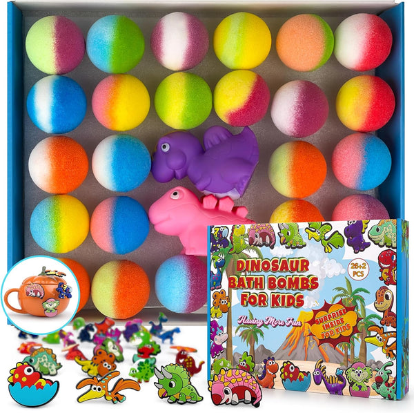 26+2 PCS Bath Bombs for Kids with 26 Dinosaur Suction Toys Inside, Organic Kids Bath Bombs Gift Sets with 2 Squeeze Dinosaur Toys for Boys & Girls on Birthday, Easter, Christmas, Lavender
