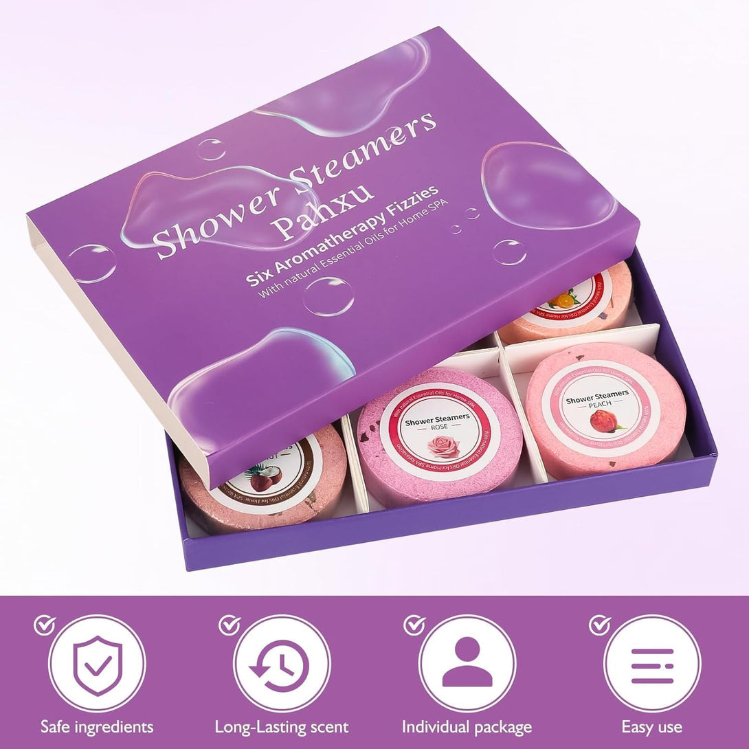 Shower Steamers 6 Pack Set, Shower Bombs Tablets with Organic & Safe Essential Oils for Skin Moisturizing, Natural Bubble Bath Fizzy, Ideal Presents for Her, Girl, Wife, Mother, Women