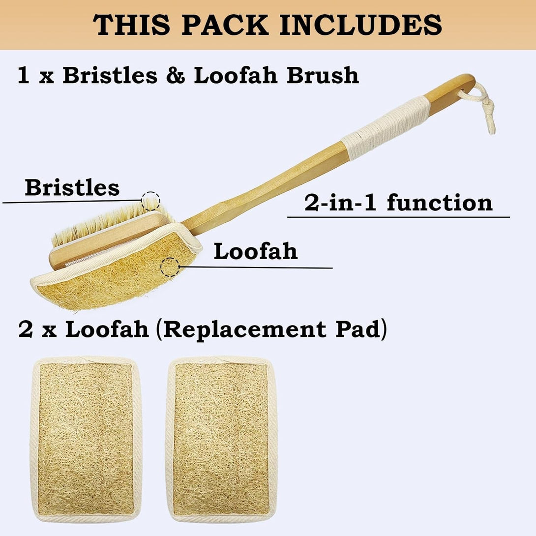 Loofah on a Stick, Back Scrubber for Shower，Long Handle Dual-Sided Body Brush, Exfoliator for Bath or Dry Brush，Deep Cleansing of Skin.