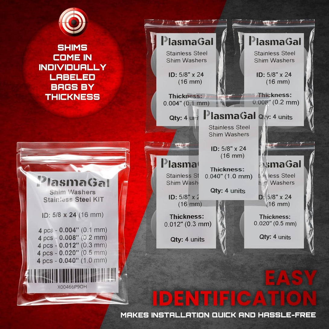 5/8X24 Barrel Shim Kit for .30/.308/7.62 & 300BLK (20 Pieces) - Stainless Steel Muzzle Shim Kit for Precise Alignment (4 Units X 5 Thickness - 0,004"/0,008"/0,012"/0,02"/0,04")