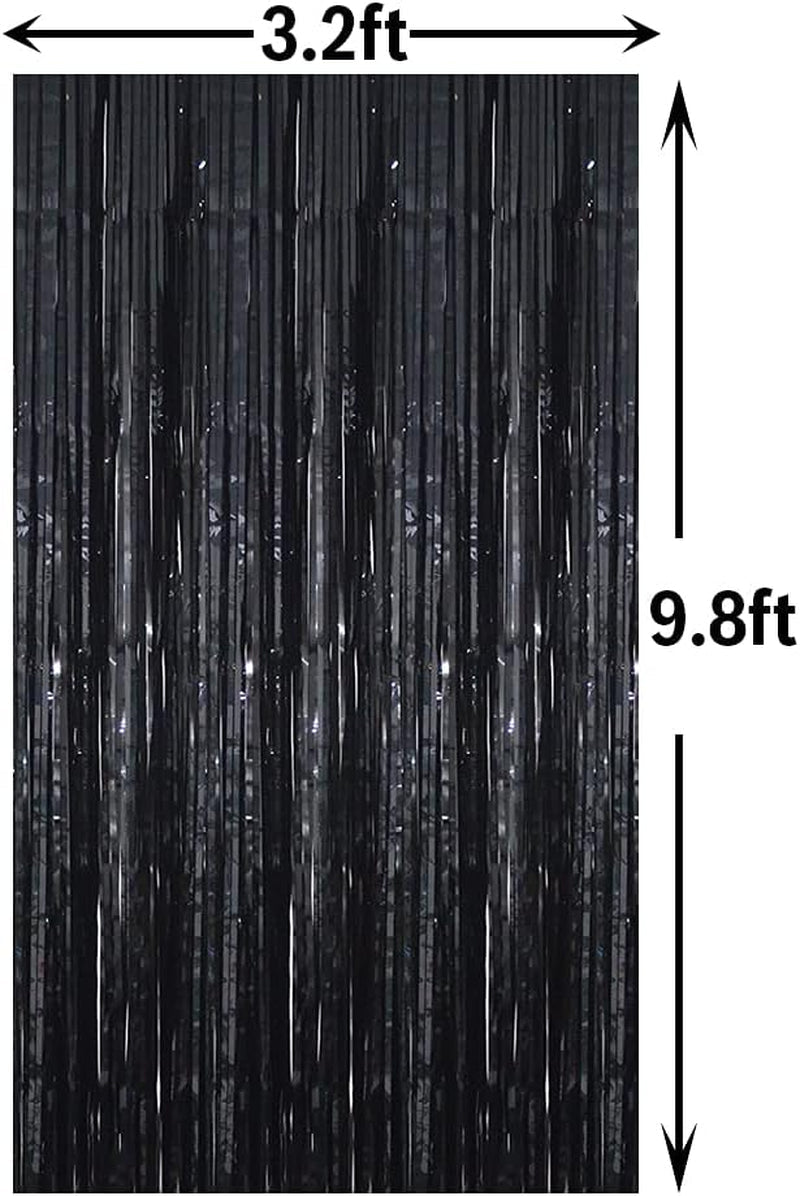 GOER 3.2 Ft X 9.8 Ft Black Photo Backdrop Party Streamers for Halloween,Birthday Party,1 Pack Black Metallic Tinsel Foil Fringe Curtains Party Decorations Wedding Decor