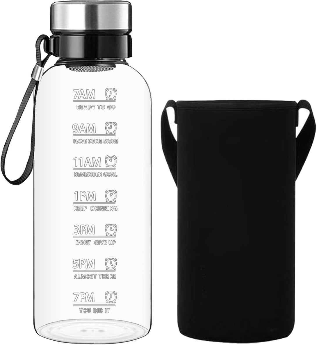 64 OZ Glass Water Bottle - Large Resuable Borosilicate Wide Mouth Glass Drinking Bottles with Time Mark, Sleeve, BPA Free