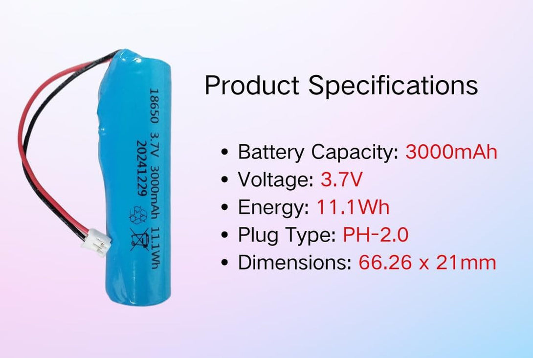 3.7V 3Ah Rechargeable Lithium Ion Battery, PH2.0/2P Connector, for DIY Electronics, Toys, Lighting