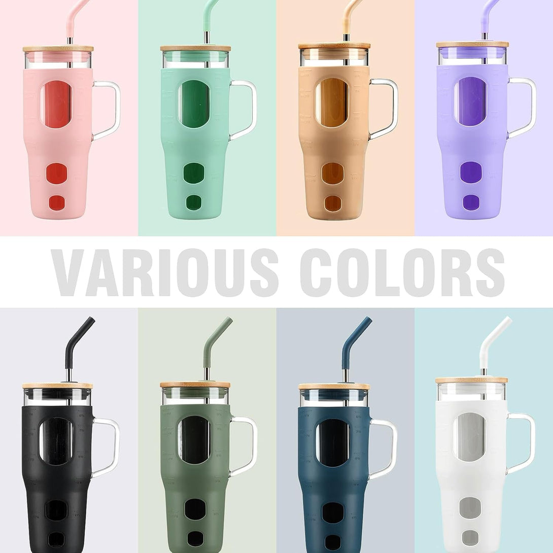 32 Oz Glass Tumbler with Lid and Straw,Glass Water Bottles with Handle,Glass Cup with Time Marker and Silicone Sleeve, Fits in Cup Holder BPA Free-Olive