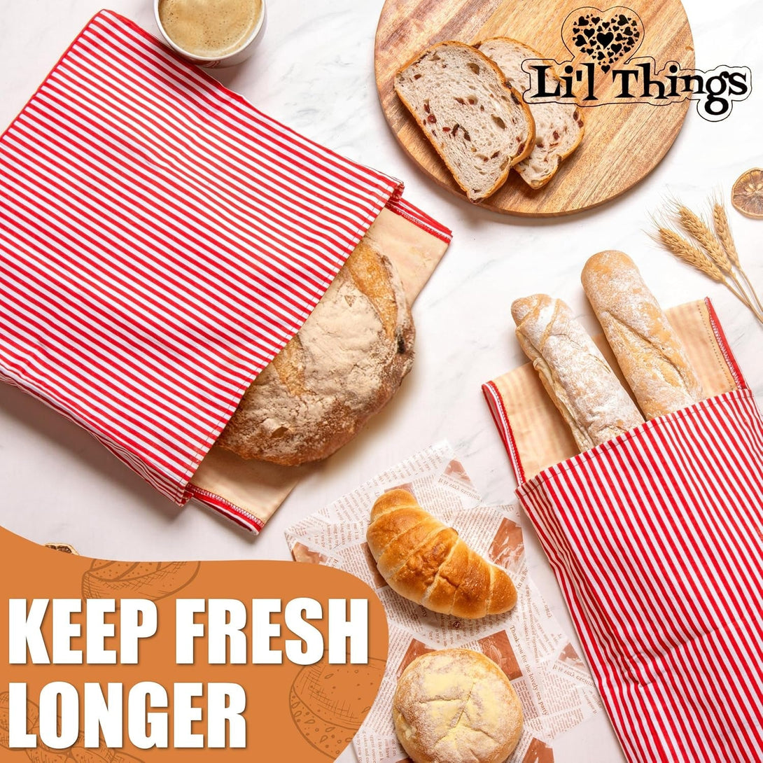 Li'L Things Eco-Friendly Reusable Beeswax Bread Bags | Improved Beeswax Coating | Set of 2 Sizes | 13'X13' & 15’X 9’ | 6 Different Themes | Great for Home Baked Store-Bought Bread | Stripey Red